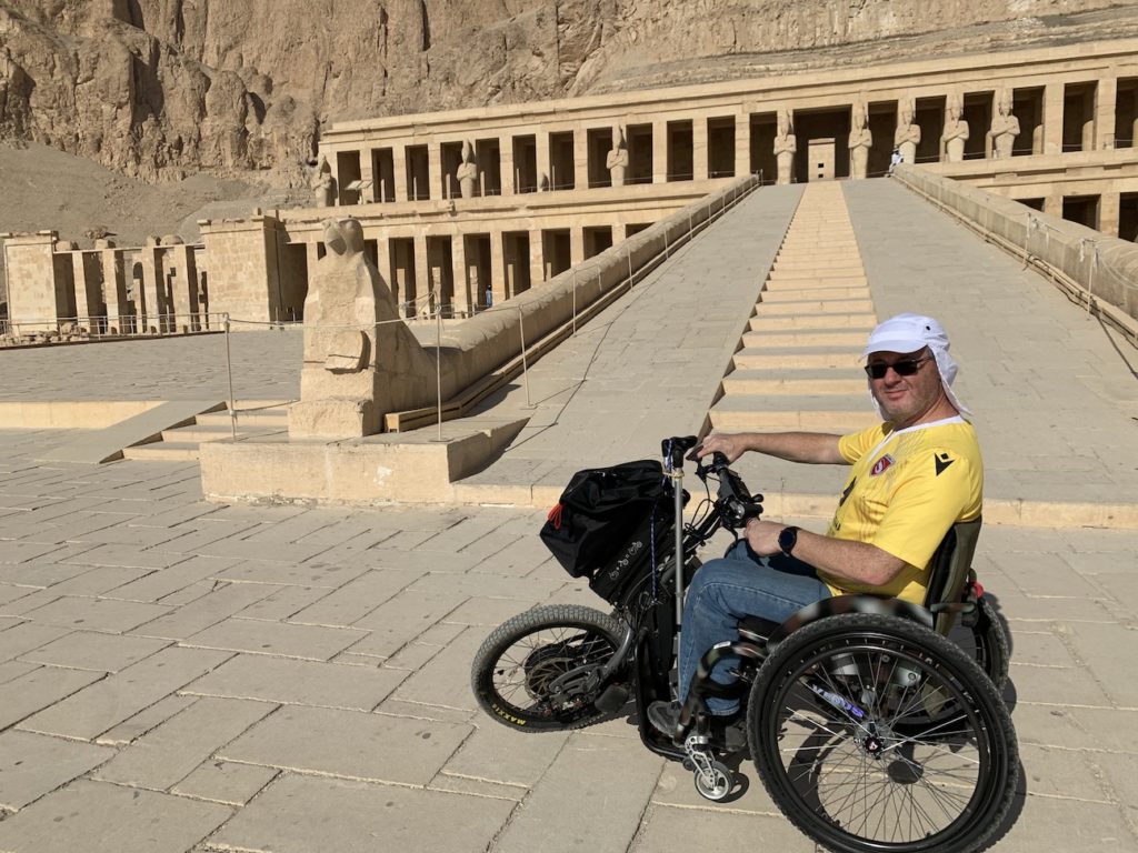 Sat in my wheelchair at the steps to Hatshepsut Temple